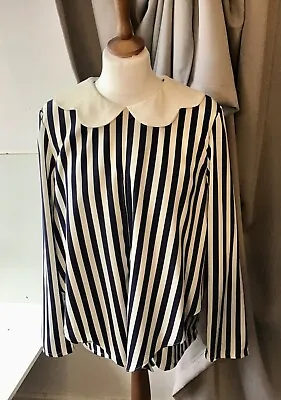 Japanese Navy & Cream Striped Blouse Lolita Kawaii Button Up Back VGC • £17.99