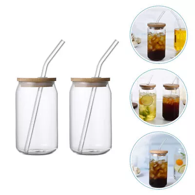  2 Pcs Straw Mug With Lid Water Container Coffee Frosted Glass Travel Smoothie • £15.59