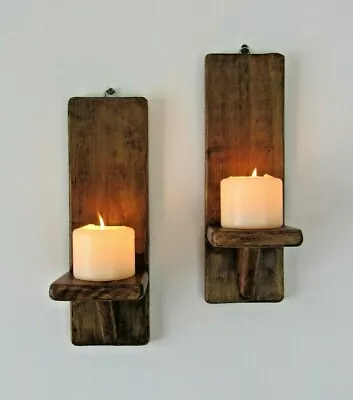 Pair Of 30cm Recycled Wood Wall Sconces Led Candle Holders • £29.99