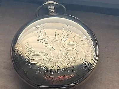 Vintage 1908 Elgin Pocket Watch Hunter Case 14K GF Deer Gold  Porcelain Dial • $500