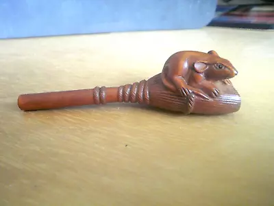 1a.. Hand Carved Wood Netsuke Of A Mouse Sits On Broom Boxwood Figure • £24.99