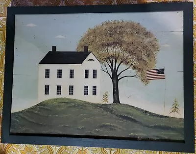 Folk Art House By Warren Kimble American Flag Print On Board Glass Framed • $135