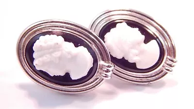 Cameo Black & White Sterling Silver Screw Back Earrings Designer Van Dell • $32.99