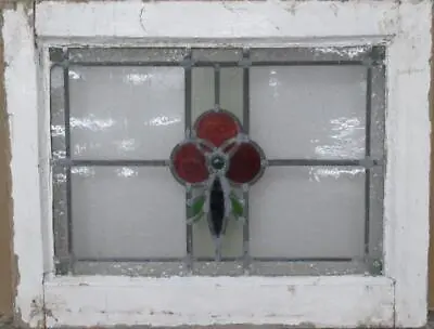 OLD ENGLISH LEADED STAINED GLASS WINDOW Pretty Floral With Jewel 22  X 17  • $175