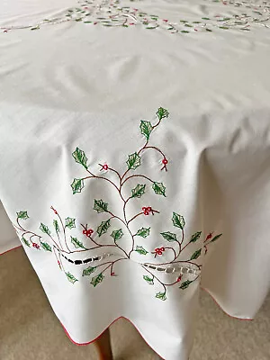 Vintage Embroidered Cutwork Round Christmas Holly & Berry Tablecloth 64  • $29.99