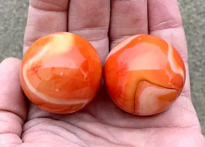 2 BOULDERS 35mm T-REX Marbles 1-3/8  Glass Ball Orange/White Giant LARGE Swirl • $9.95