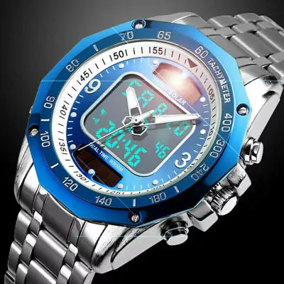 Solar Powered Mens Watches Stainless Steel Waterproof Analog&Digital Sport Watch • $41.19