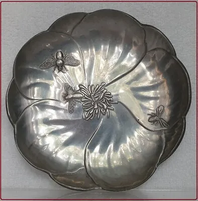 Fine Antique Art Nouveau KAYSERZINN Pewter Plate Oriental Flowers Insects RARE • £180.79