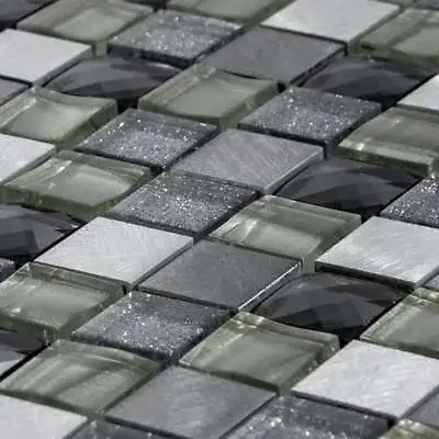 Luxury Grey Silver & Ivory Glass & Brushed Steel Mosaic Wall Tiles Sheet 8mm • £8.49