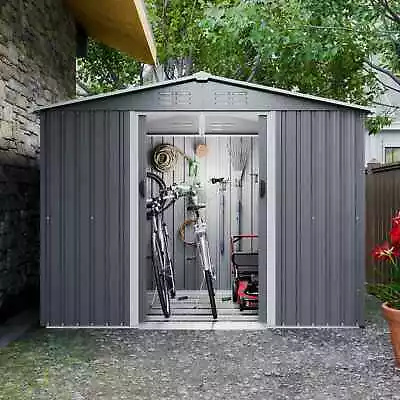 8X6FT Metal Garden Shed Apex Roof With Free Foundation Base Storage House Grey • £258.99