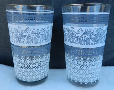 2 Vintage Jeannette Roman Greek Chariot Tumblers Blue Glass Patrician-11 Oz-VGUC • $12