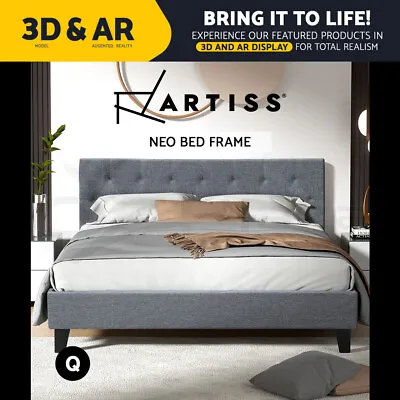 Artiss Bed Frame Queen Size Mattress Base Wooden Platform Fabric Grey VANKE • $152.95