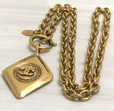 CHANEL Vintage Coco Logo Rhombus Motif Chain Necklace Gold Plate • £447.97