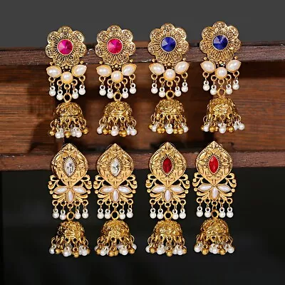 $4.94 • Buy Women Gold Gypsy Indian Oxidized Flower White Pearl Drop Jhumka Earrings Jewelry