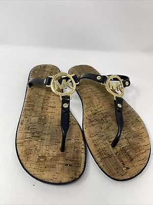 Michael Kors Black Jelly Gold MK Logo Cork Flip Flop Sandals-Size 8 • $16.99