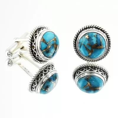 Round Copper Mohave Turquoise Gemstone Cufflinks Sterling Silver Men's Jewelry • $141.10