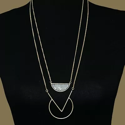 Boho Geometric Gold Tone Gray Stone Layered Multi Strand Pendant Necklace 26-29  • $12.60