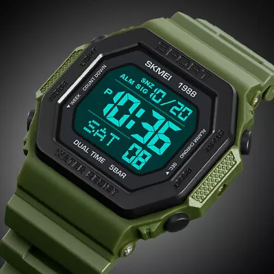 Military Rubber Waterproof Watch Mens LED Digital Week Dual Time Wrist Watches • £11.99