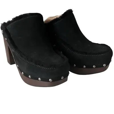 Ugg Aubriana Sky Black Suede Shearling Nailhead Wooden Heel Clogs Size 7 • $49.99