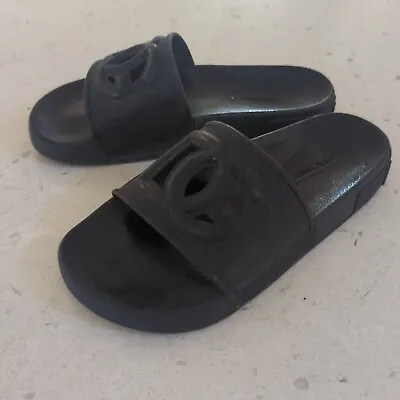 Dolce & Gabbana DG Logo Leather Cutout Slide Sandals Black 37 Size 7 US • $99