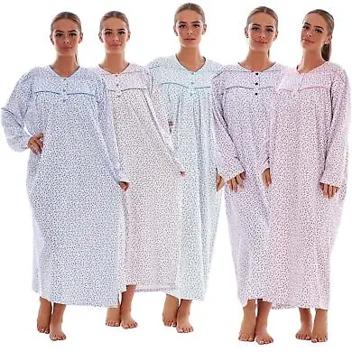 Thermal Cotton Long Nightdress Floral Button V-Neck Soft Brushed Nightwear • £12.95