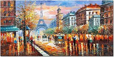 Oil Painting On Canvas Eiffel Tower Hand Painted 48x24 Large Modern Framed • $210