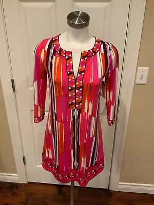 BCBG Max Azria  Pink Orange White & Maroon Striped 3/4 Sleeve Dress Size XS • $32.40