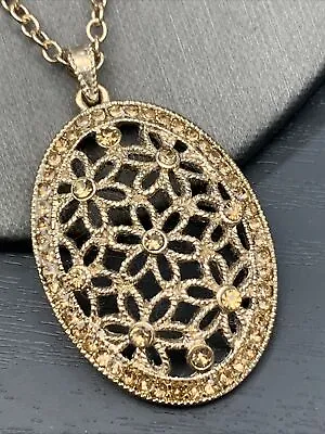 $11.11 • Buy Vintage Necklace Pendant Citrine Rhinestone Flower Oval Gold Time ￼  18”