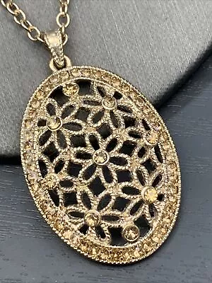 $11.11 • Buy Vintage Necklace Pendant Citrine Rhinestone Flower Oval Gold Time ￼  18”