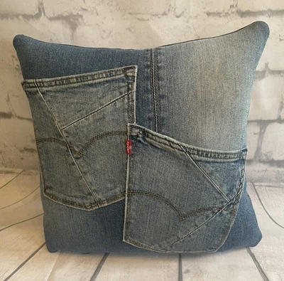 £15 • Buy Vintage BLUE Denim LEVI'S Jeans TV Cushion SQUARE Two Pockets Cool Funky RETRO