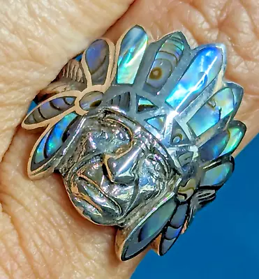 Sz 7 Sterling Silver Abalone Indian Head Chief Headdress Ring • $55