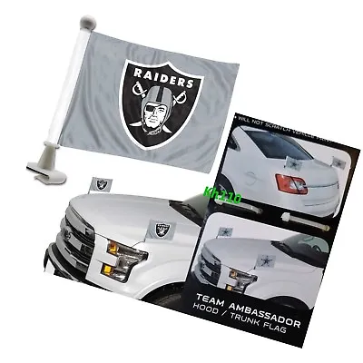 NFL Oakland Raiders 4x6 Size Car Flag 2-pc Ambassador Football Trunk Hood-Gray • $14.99
