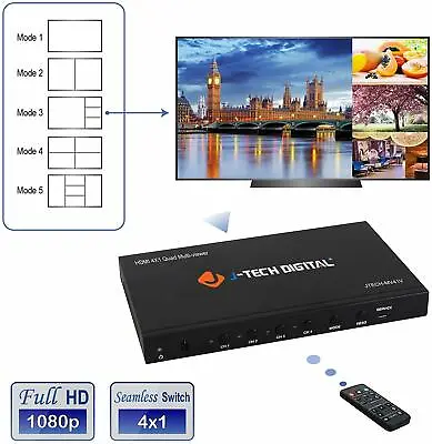 J-Tech Digital HDMI Multi-Viewer Quad 4x1 Seamless Switch HD 1080p VGA Loop Out • $159.99