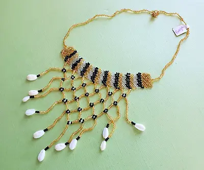 African- Maasai- Handmade Glass Bead & Shell Choker Necklace-Gold- Kenya- New R • $10.49