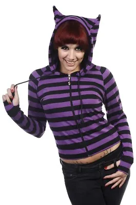 Womens Black Purple Striped Emo Rockabilly Punk Cat Ears Hoodie BANNED Apparel • £30.99