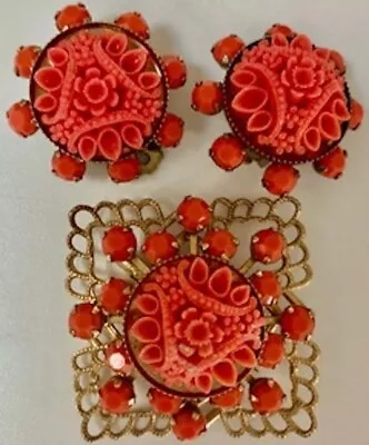 Rare Vintage 2 Piece Celluloid Carved Faux Coral Brooch & Earrings. Circa 1930's • $85