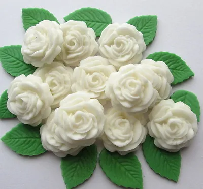 12 Ivory Roses & Leaves Flowers Edible Cake Topper Sugarcraft Wedding Cupcake • £6.50