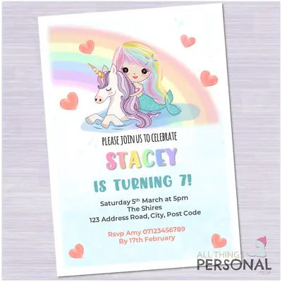 Unicorn Mermaid Birthday Party Invitations Personalised Girls Invites Childrens • £5.49