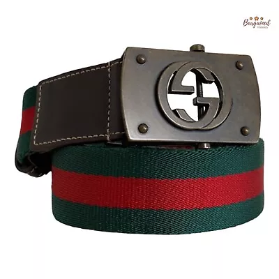 Authentic Gucci Web Green/Red Canvas Antique Interlocking G Buckle Belt 85/34 • $350