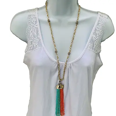 VTG Long Gold Tassel Charm Pendant Necklace 30” Coral Teal Bohemian Hippie • $34.20