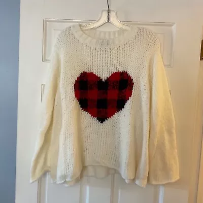 Wooden Ships Plaid Heart Crew Sweater Ivory Mohair Wool S/M S M NWT • $54.98