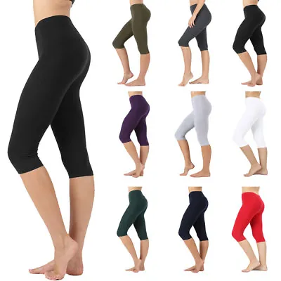 Womens Seamless Soft Cotton Stretch Basic Capri Knee Leggings • $18.95