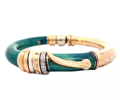 La Nouvelle Bague Diamond And Teal Enamel Bangle Bracelet In 18K • $2500