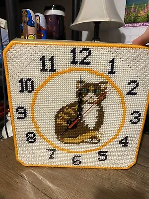 Vintage Handemade Needle Point Cat Clock 11x11 Batteries Not Included • $34.26