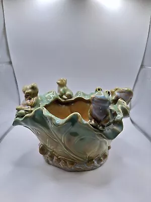 Green Majolica Style 4 Frog Ceramic Bowl/Planter Green Brown • $25.99