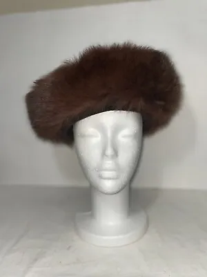 Vintage Ladies Brown Genuine Fox Fur Brim Hat Felt Crown Pillbox Winter Cap • $29.98