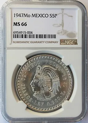 Mexico 1947 Silver 5 Pesos. Aztec Emperor Cuauhtemoc. Ngc Ms-66. Km-465. • $249