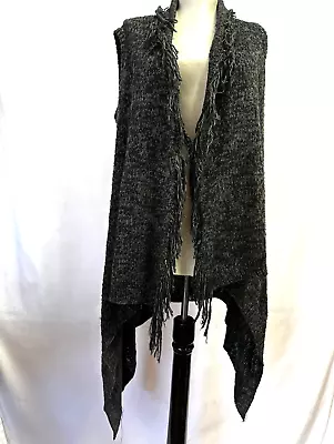 Mossimo Women's Open Front Cardigan Sweater Vest Black Knit Waterfall Fringed S • $8.99