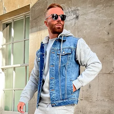 Mens Hooded Denim Jacket Mid Blue Wash Slim Fit Jumper Casual Formal Hoodies UK • £31.99