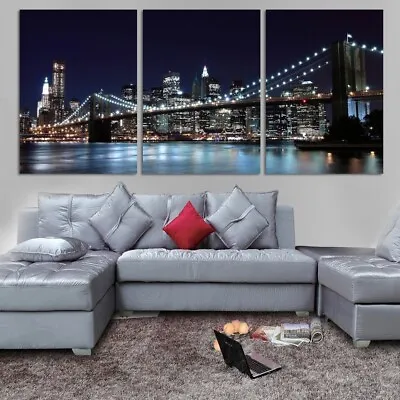 New York City Bridge Night View 3 Pieces Canvas Print Wall Art Poster Home Decor • $142.78